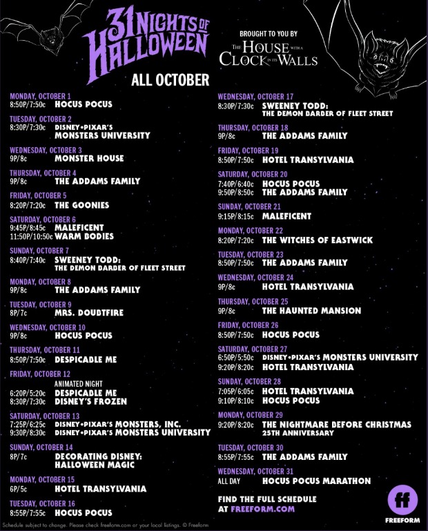 2018 freeform nights of halloween complete times guide